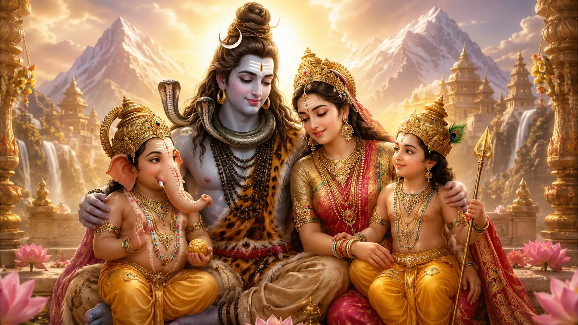 Shiva Parvati image featuring the sacred family, including Ganesha and Kartikeya, surrounded by a peaceful and loving atmosphere.