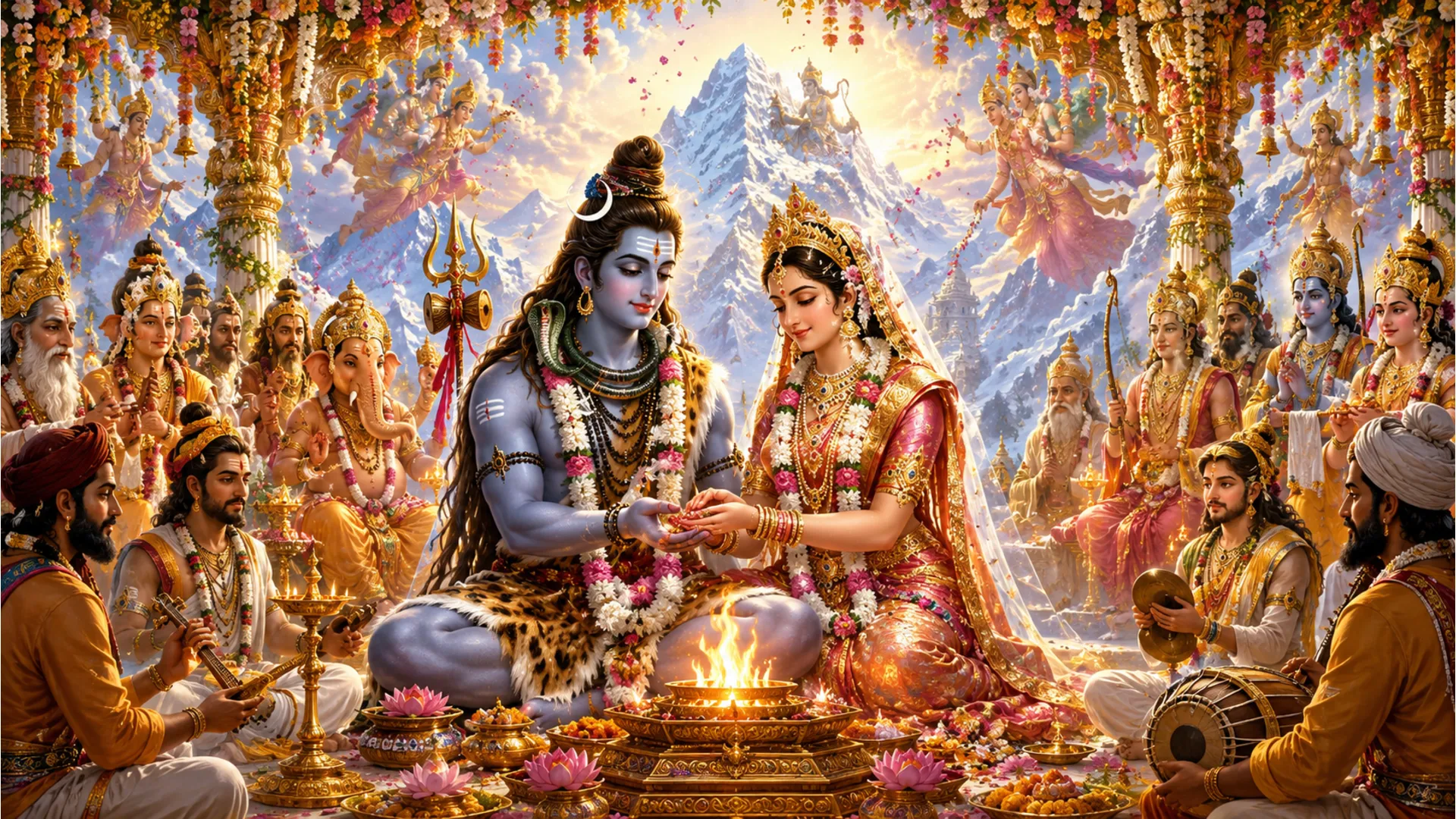 Shiva Parvati image depicting the grand marriage ceremony, full of joy and devotion, celebrating the union of divine love.