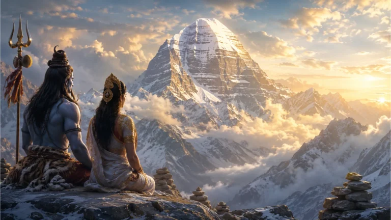 Shiva Parvati image showcasing the majestic Mount Kailash, their sacred home, radiating spiritual energy and peace.