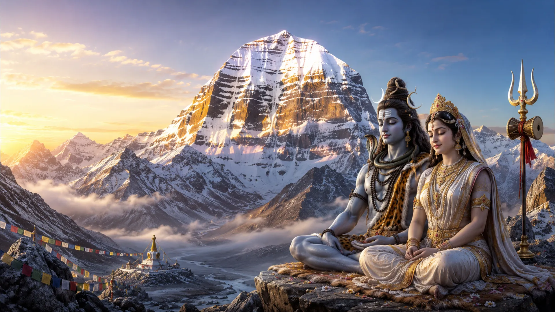 Shiva and Parvati seated peacefully on the snow-capped peaks of Mount Kailash.