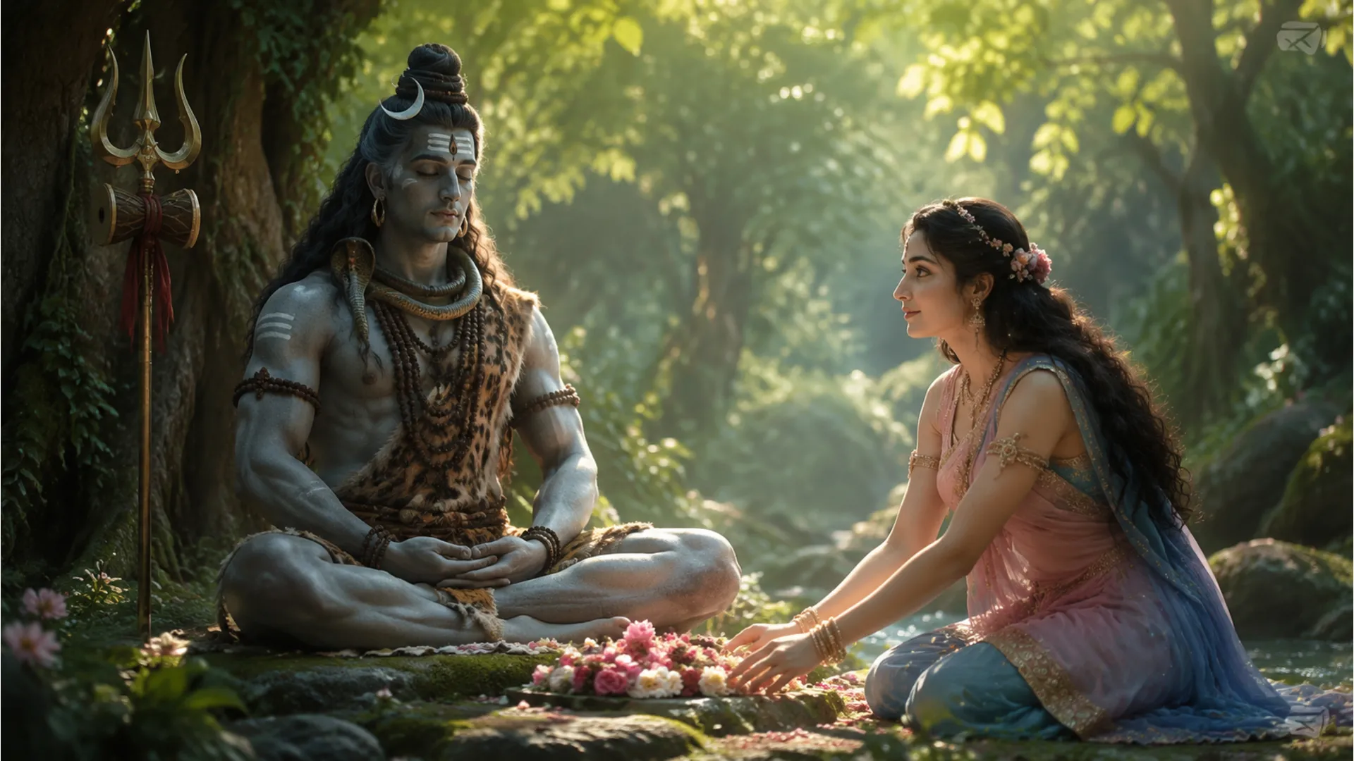 The iconic moment where Shiva and Parvati first see each other in the TV serial in a forest setting.