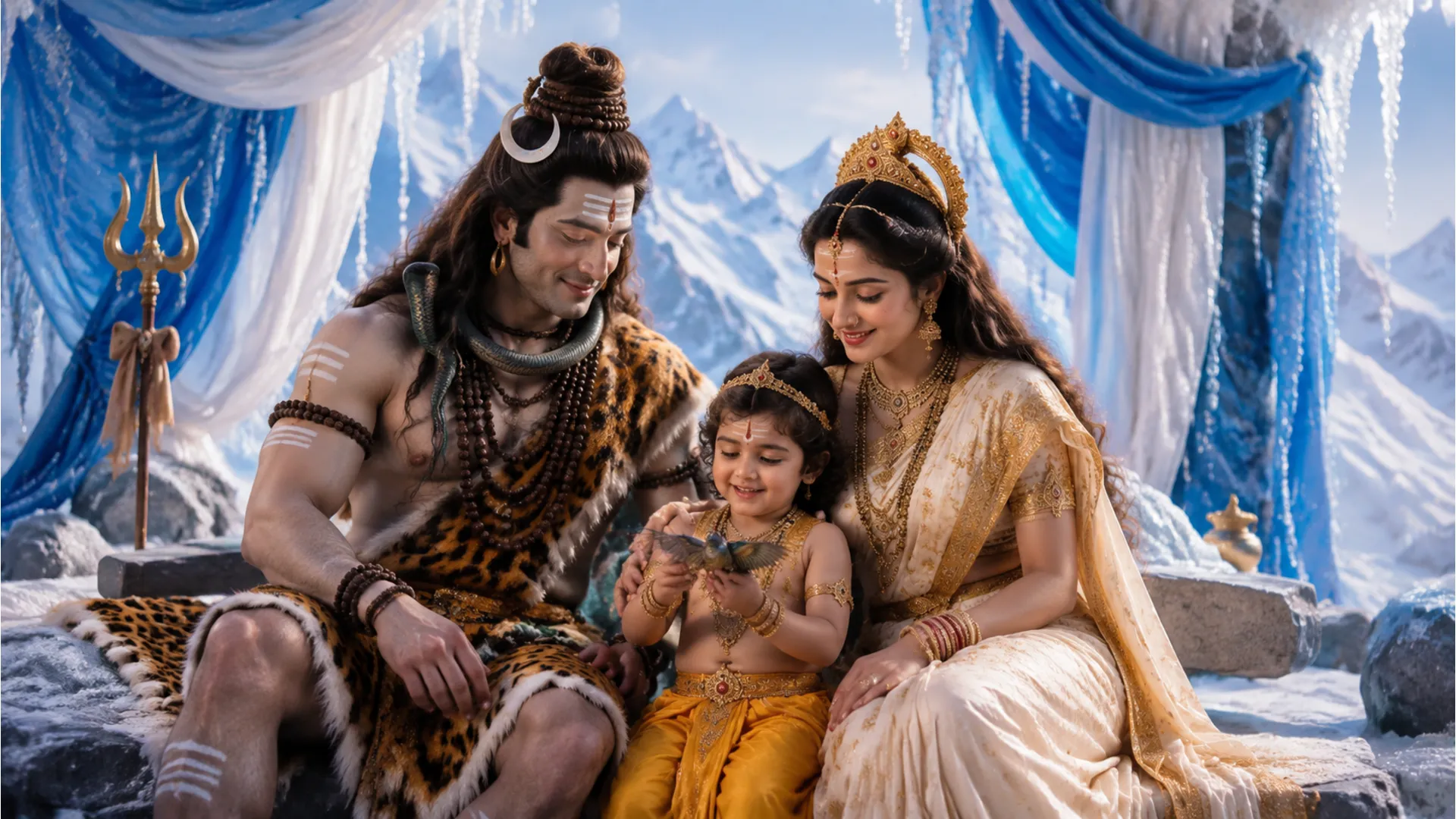 Shiva, Parvati, and their child playing happily in the garden of Mount Kailash in the TV show.