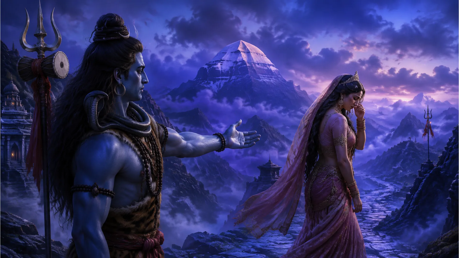 Emotional scene of separation between Shiva and Parvati due to cosmic duty in the TV serial.
