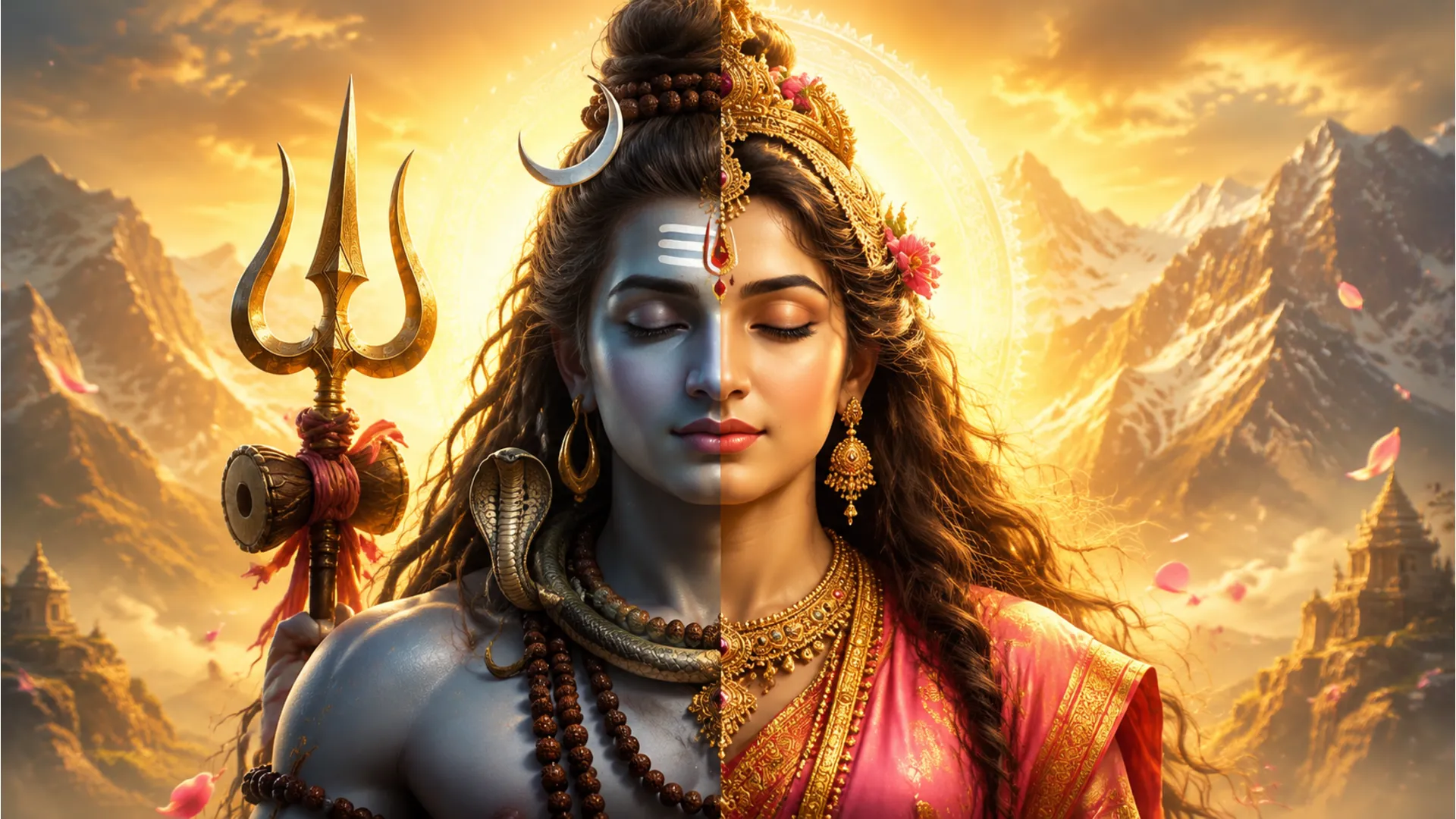 The final, powerful reunion image where Shiva and Parvati are seen as the complete Ardhanarishvara form.