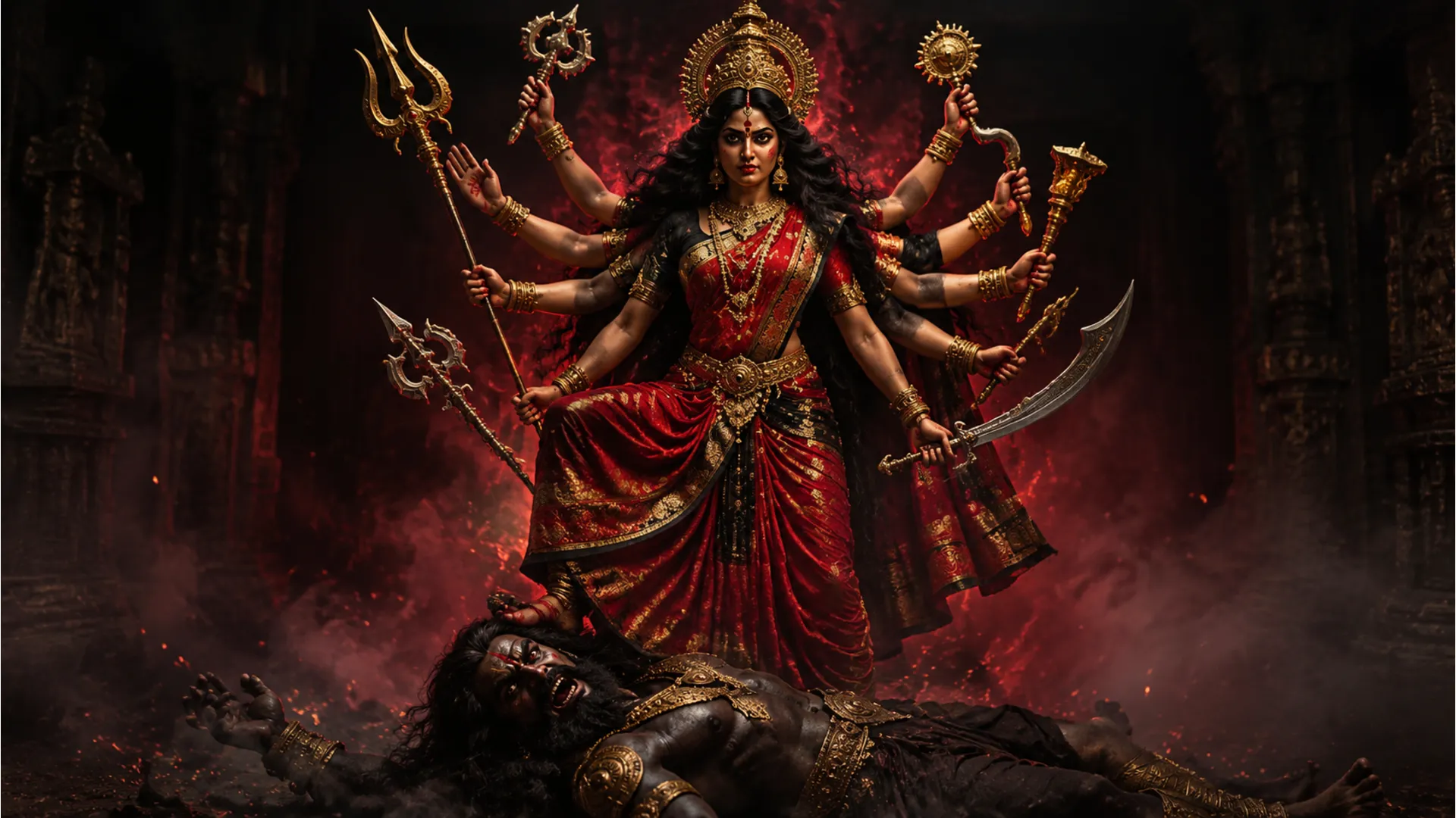 Actress playing Parvati in her fierce Maa Durga avatar from the TV show.
