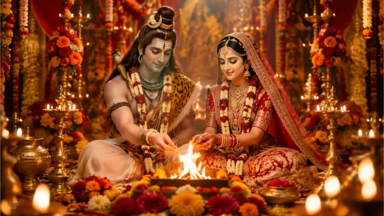Grand wedding ceremony picture of Lord Shiva and Goddess Parvati from the TV serial, exchanging garlands.
