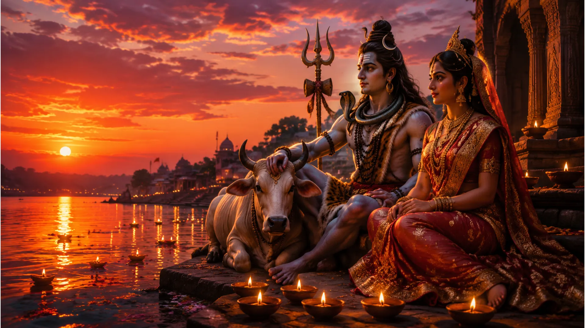 Spiritual image of Shiva Parvati resting at the banks of a sacred river during a vibrant sunset.