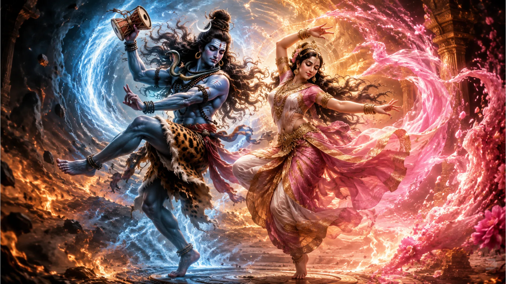 Dynamic photo of Lord Shiva and Goddess Parvati in dramatic cosmic dance poses