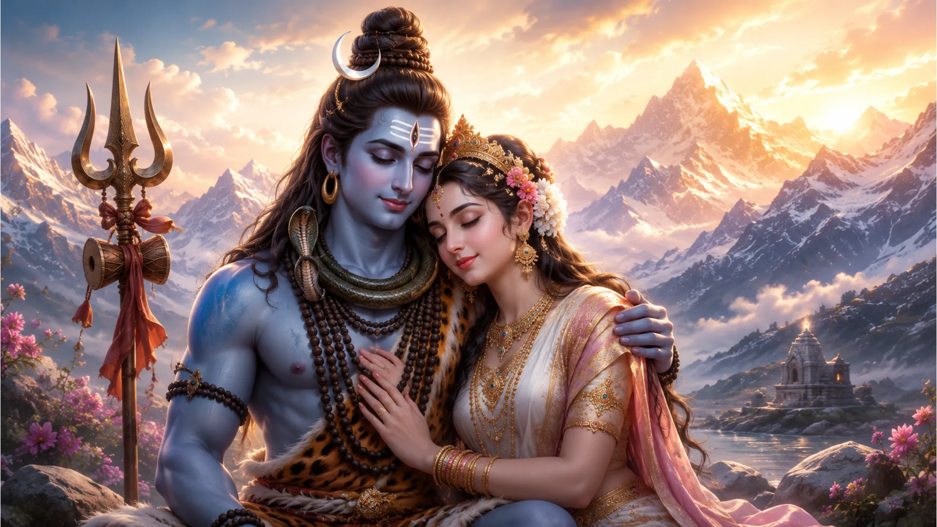 A heartwarming image of Shiva and Parvati exchanging glances of deep love and affection.