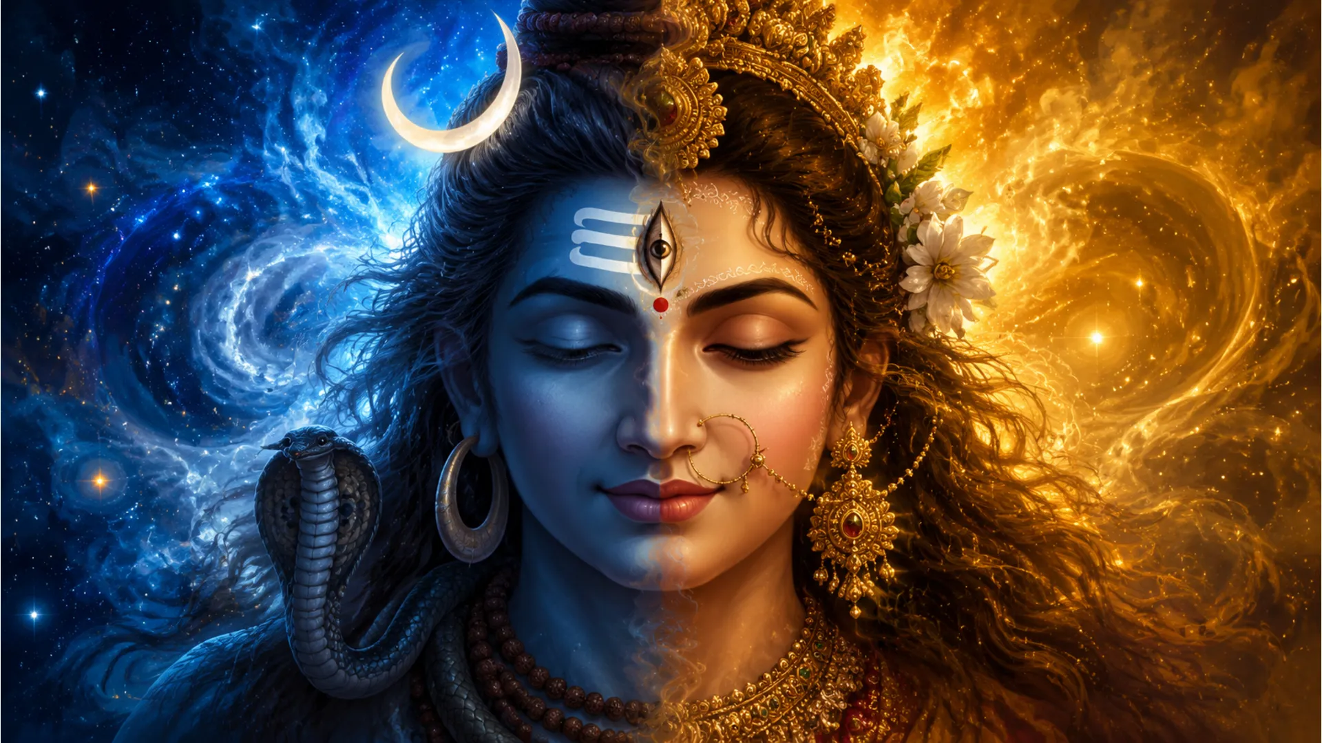 A close-up portrait of Shiva and Parvati, with their faces merging seamlessly.