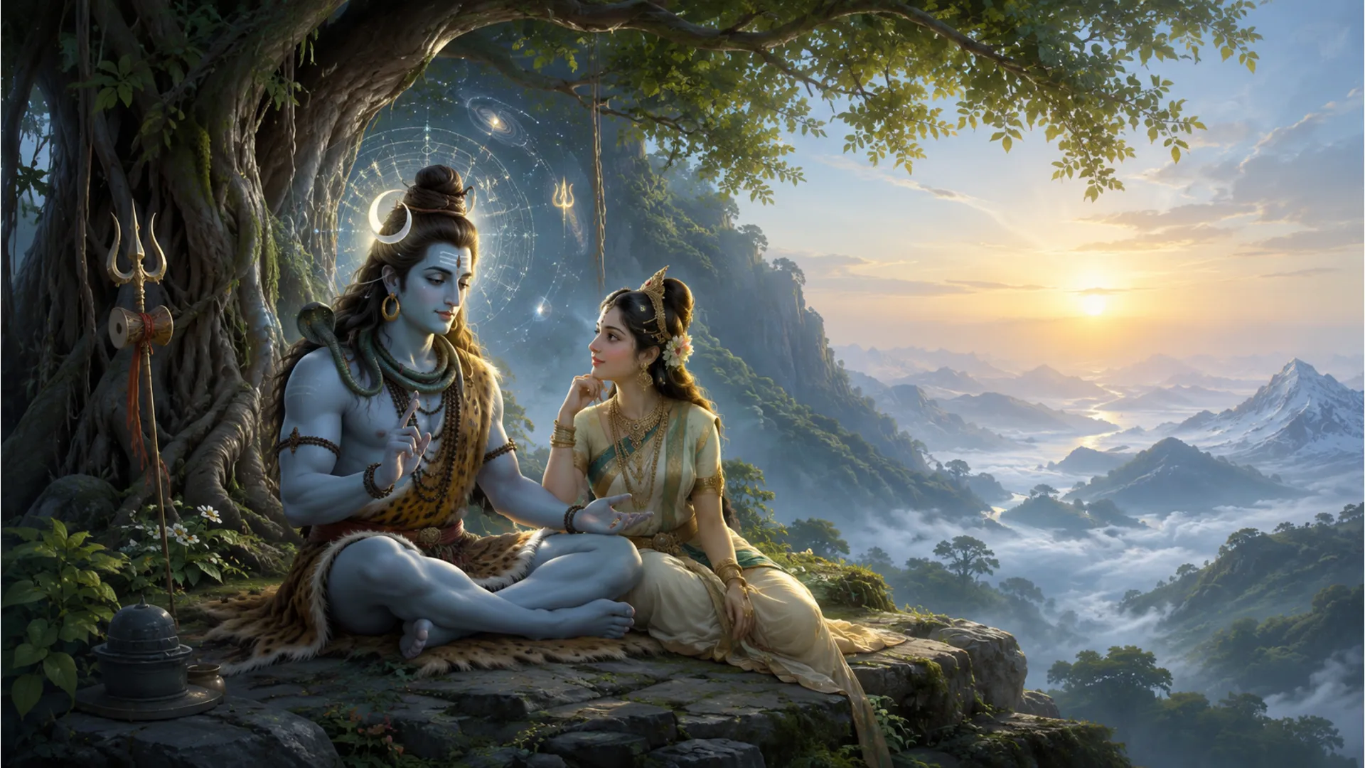 Shiva speaking to Parvati under a sacred banyan tree in a mountain valley.