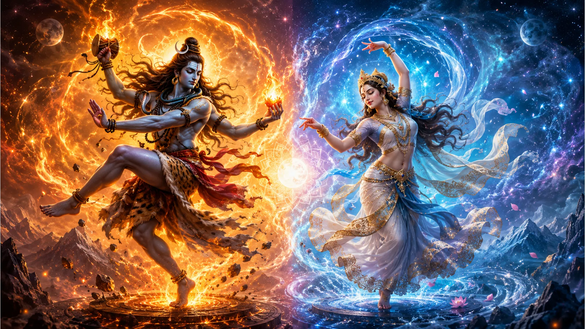 Lord Shiva performing the energetic Tandava dance while Goddess Parvati performs the graceful Lasya.