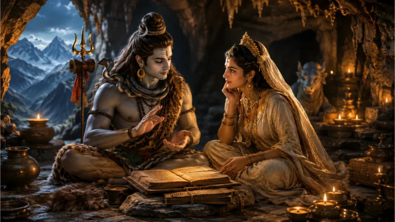 Lord Shiva speaking to Goddess Parvati in a quiet cave teaching spiritual knowledge.