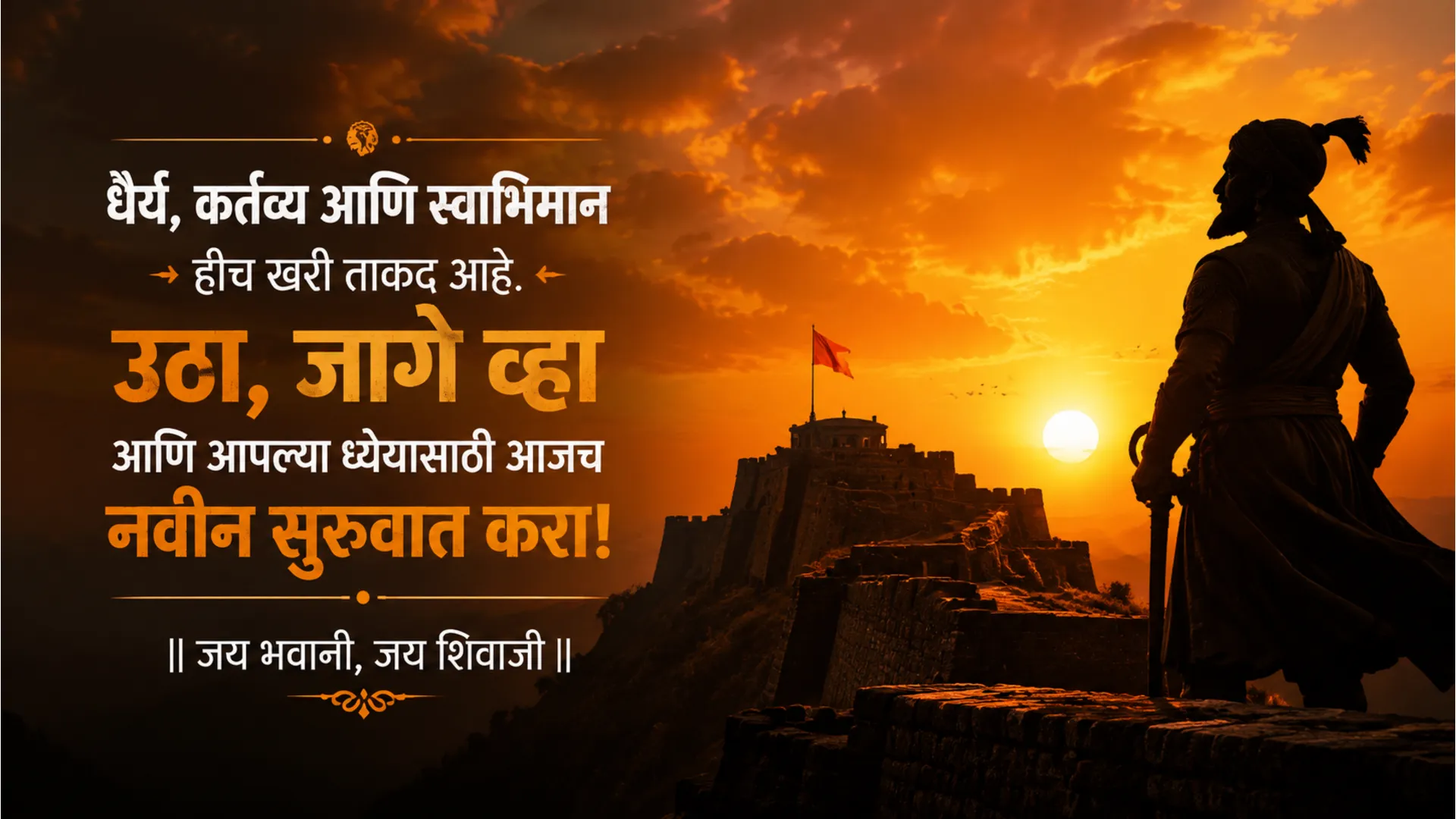 Fort landscape with Chhatrapati Shivaji Maharaj silhouette and Marathi morning line