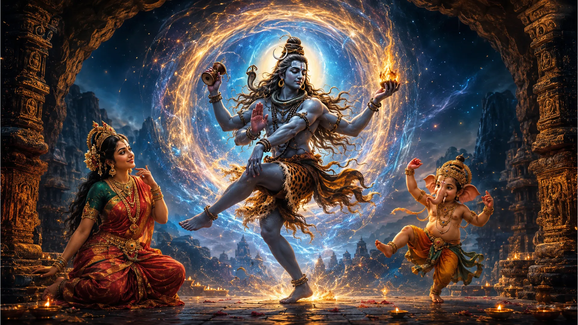 Shiv Parvati Family dancing cosmic dance with joyful Ganesha.