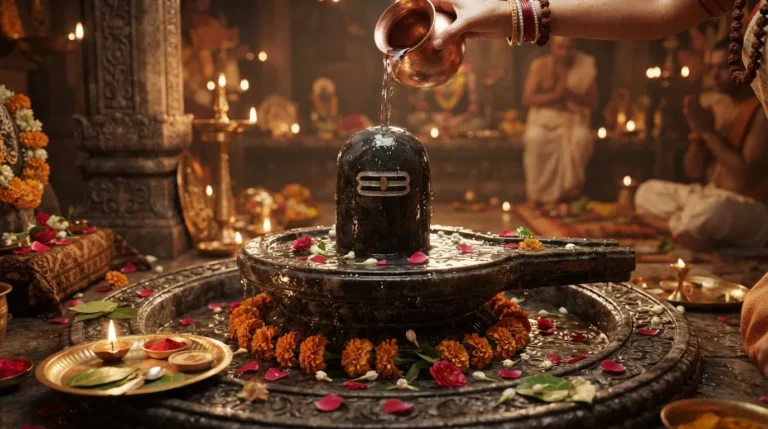 A realistic 3D render of a sacred water ritual being performed on a glistening black marble Shivling.