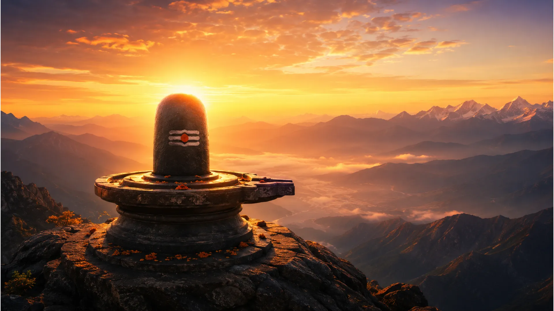 Breathtaking full-HD landscape photo of a prominent Shivling on a hilltop during a golden sunrise, casting a serene glow on the surrounding landscape.