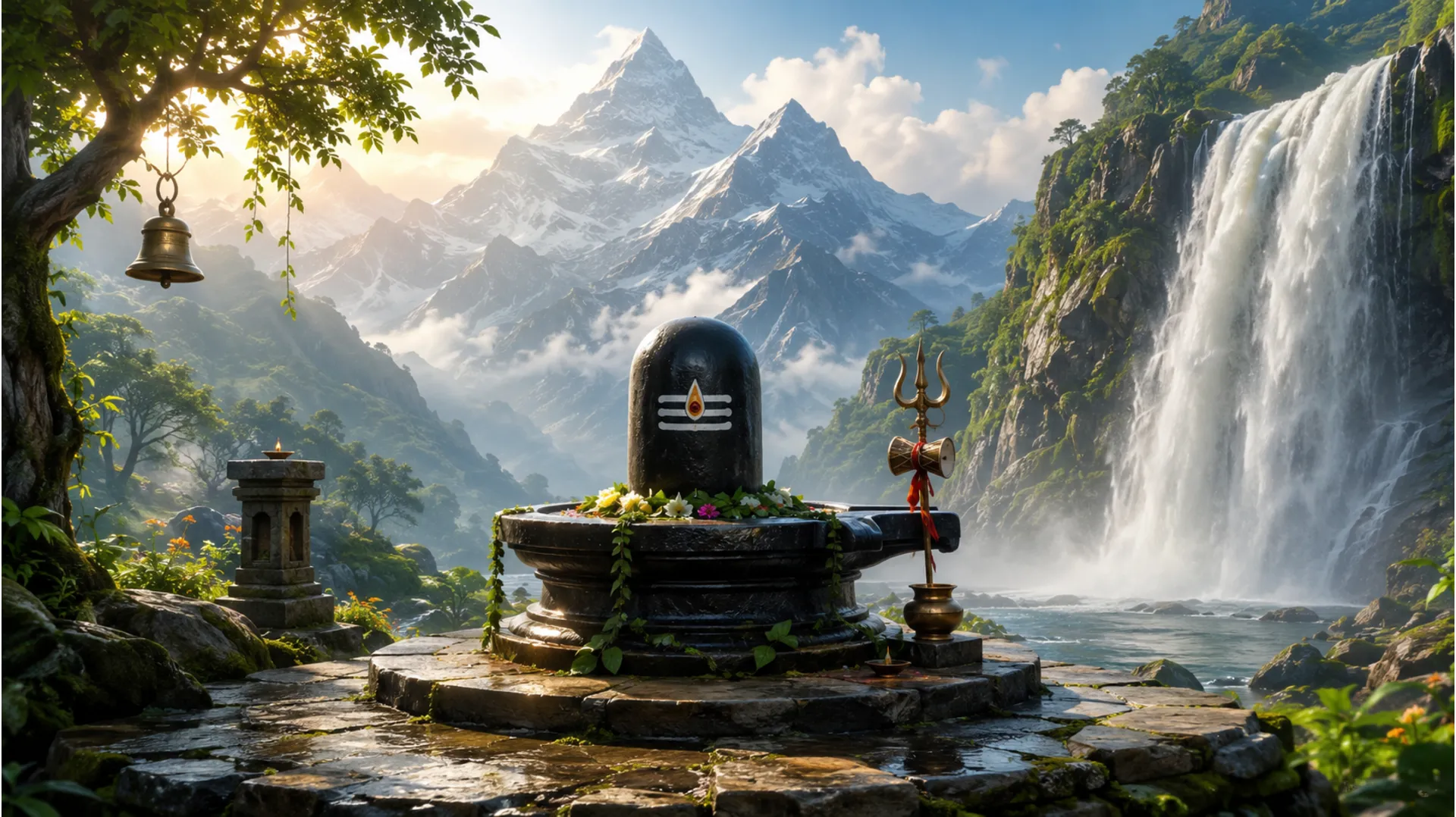 Full-HD nature photo of a Shivling nestled amidst a cascading waterfall, rugged mountains, and lush greenery, symbolizing the harmony between divine energy and nature.