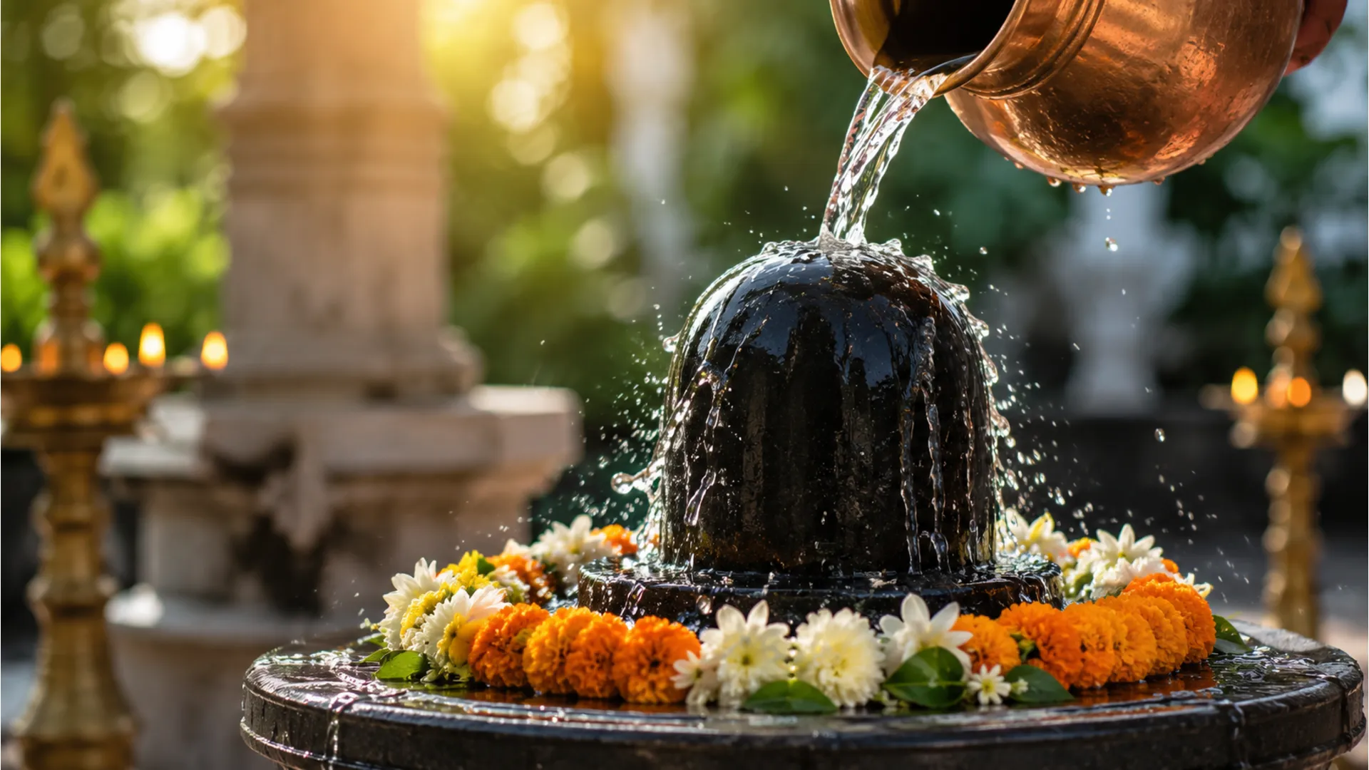 Full HD photo of holy water pouring on a stone Shivling during morning prayer.