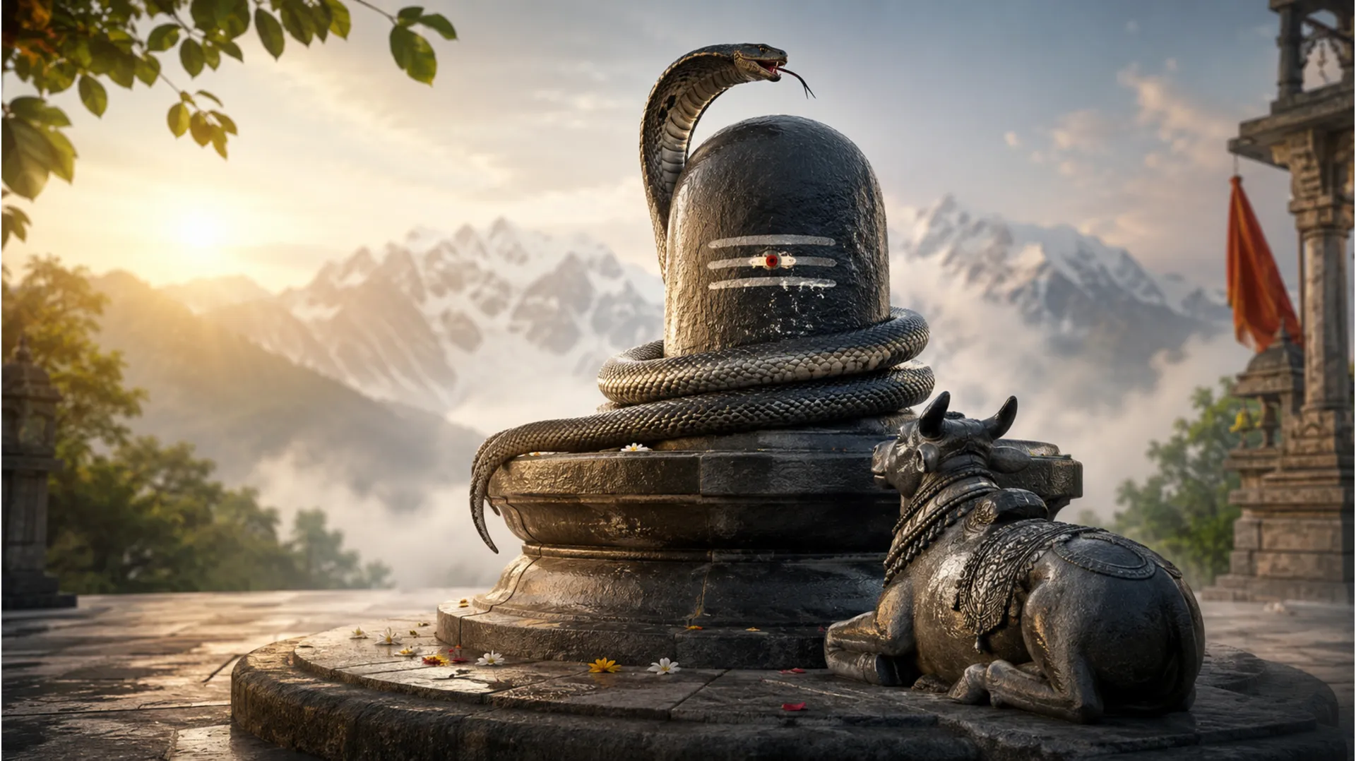 Full-HD photo of a natural stone Shivling with a coiled serpent Nandi around it and Vasuki on top, symbolizing divine energy and protection.