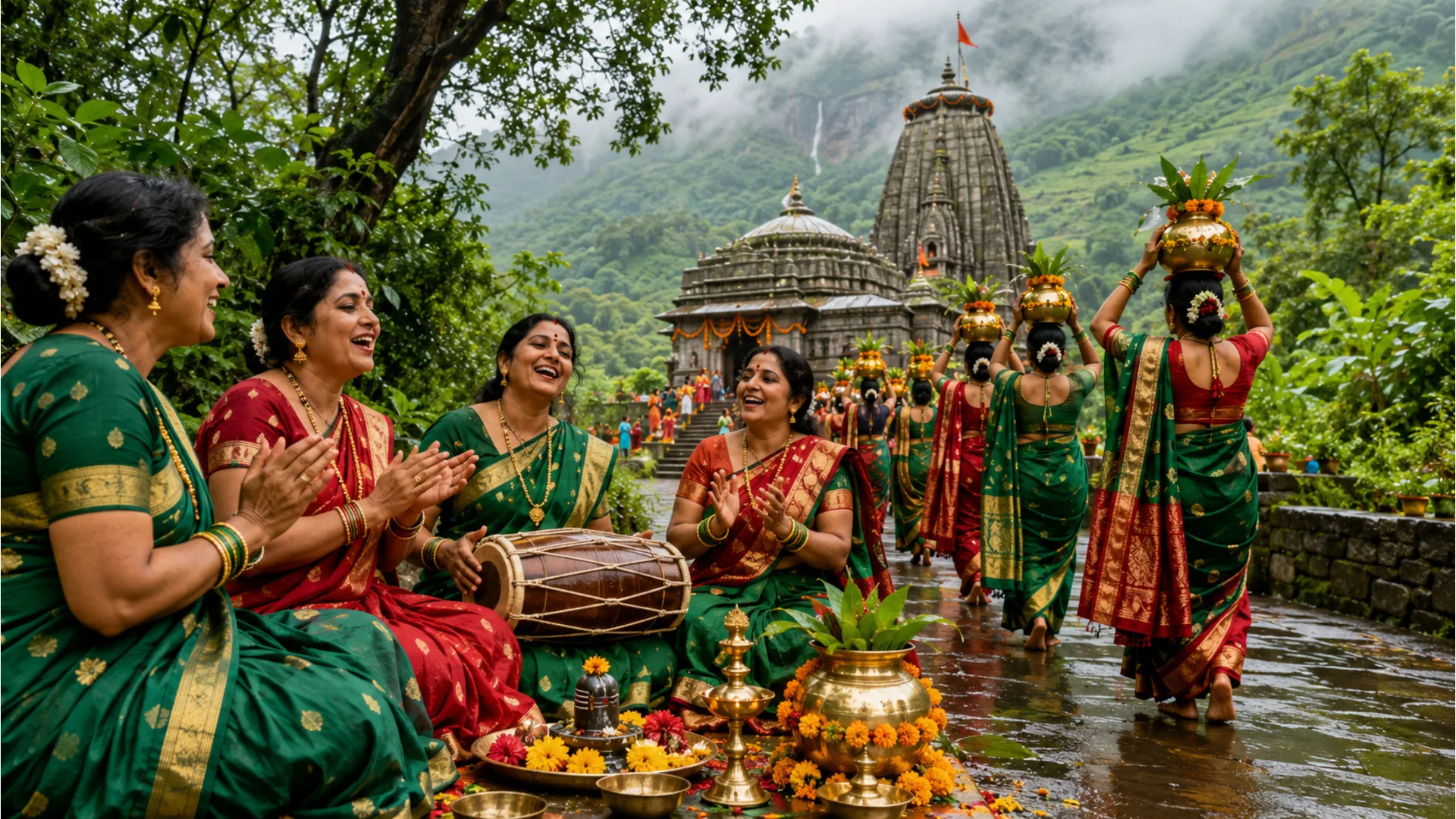 Colorful painting of women celebrating the holy month of Shravan with prayers and traditional dances