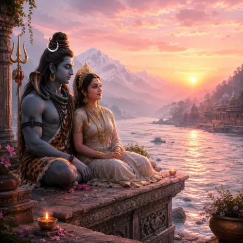 Holy river Ganga background with Shiv Parvati in divine posture.