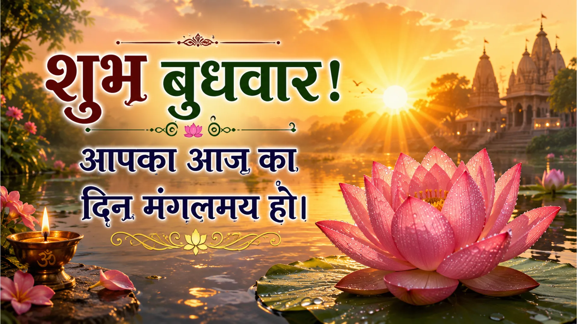 Shubh Budhwar Hindi good morning wednesday image with a bright rising sun and beautiful pink lotus flowers.