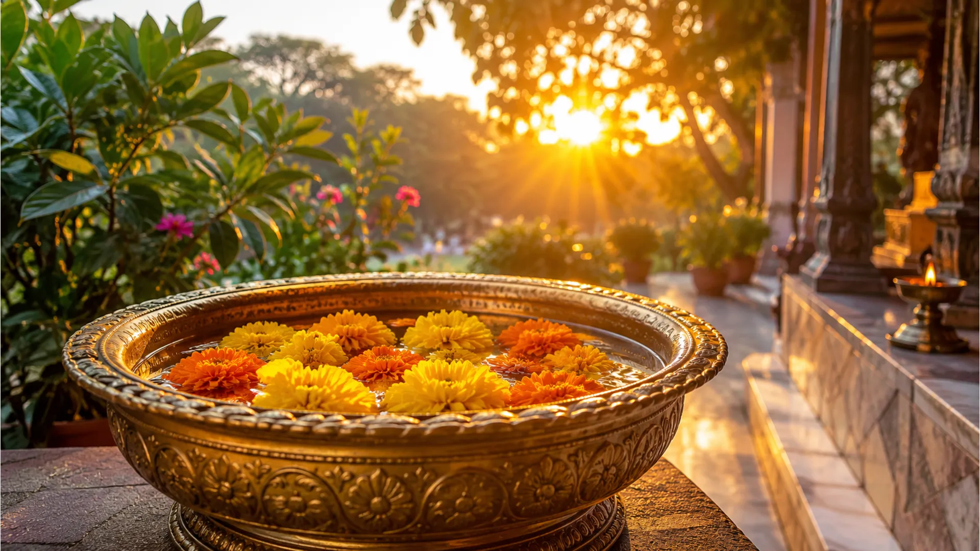 Shubh ravivar image with beautiful yellow marigold flowers and morning sun rays.