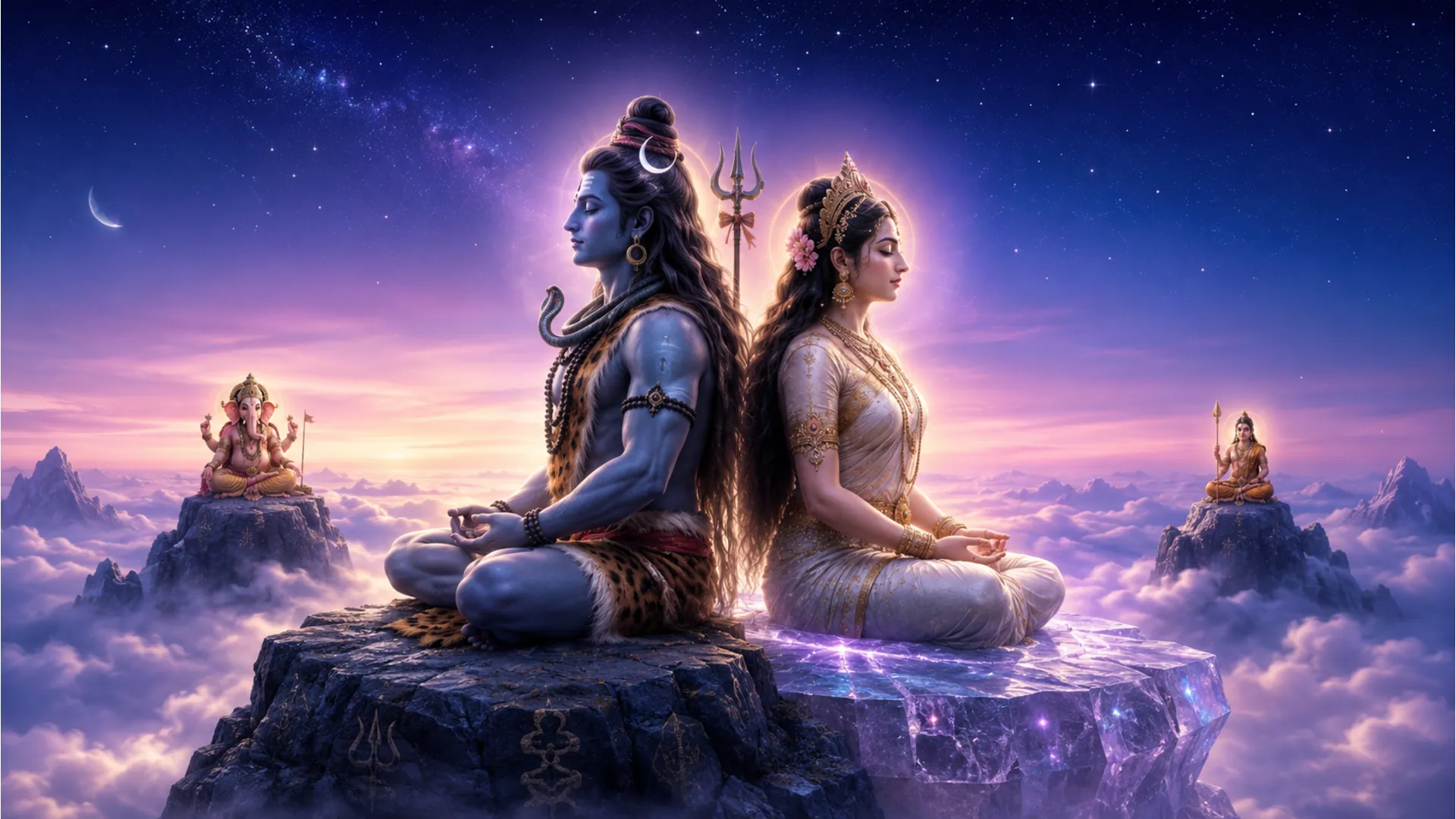 Shiv and Parvati in meditative union on a high mountain peak.