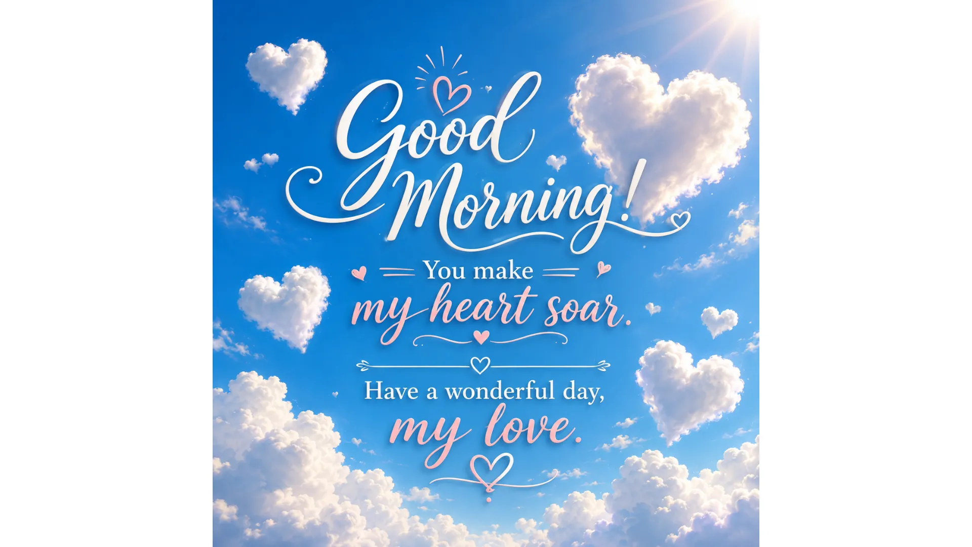 A whimsical good morning love image with clouds shaped like hearts in a bright blue sky.