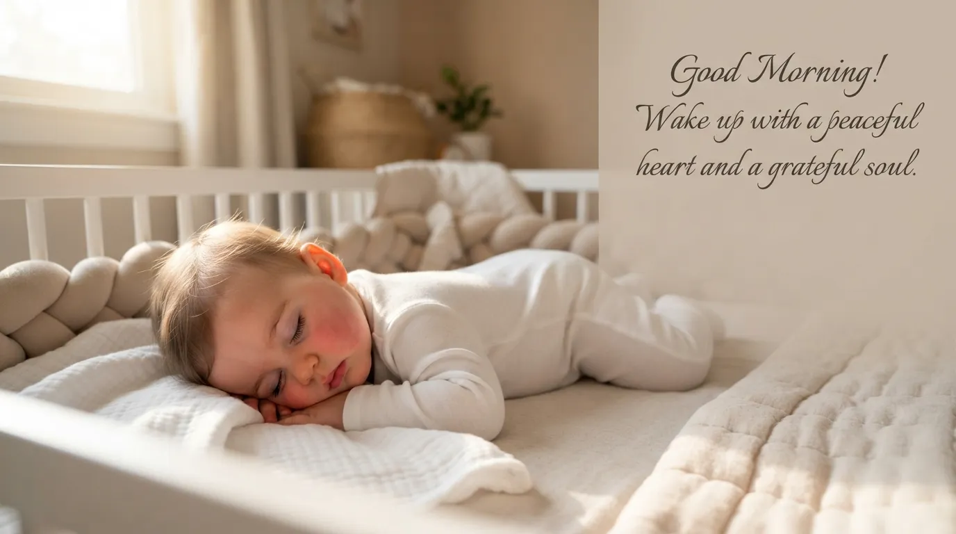 Peaceful sleeping baby in a crib with soft morning light and a serene morning wish.