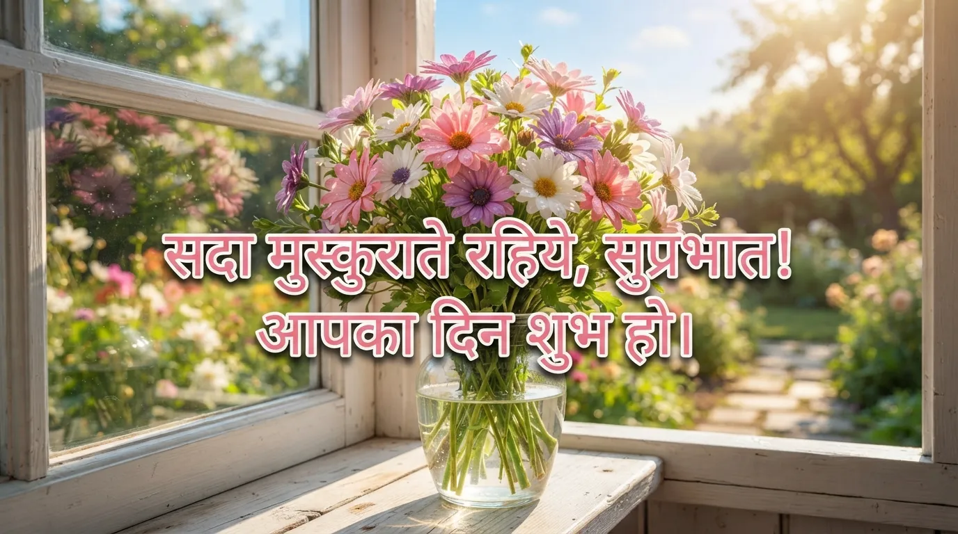 A bouquet of colorful daisies with a smiling morning blessing in Hindi.