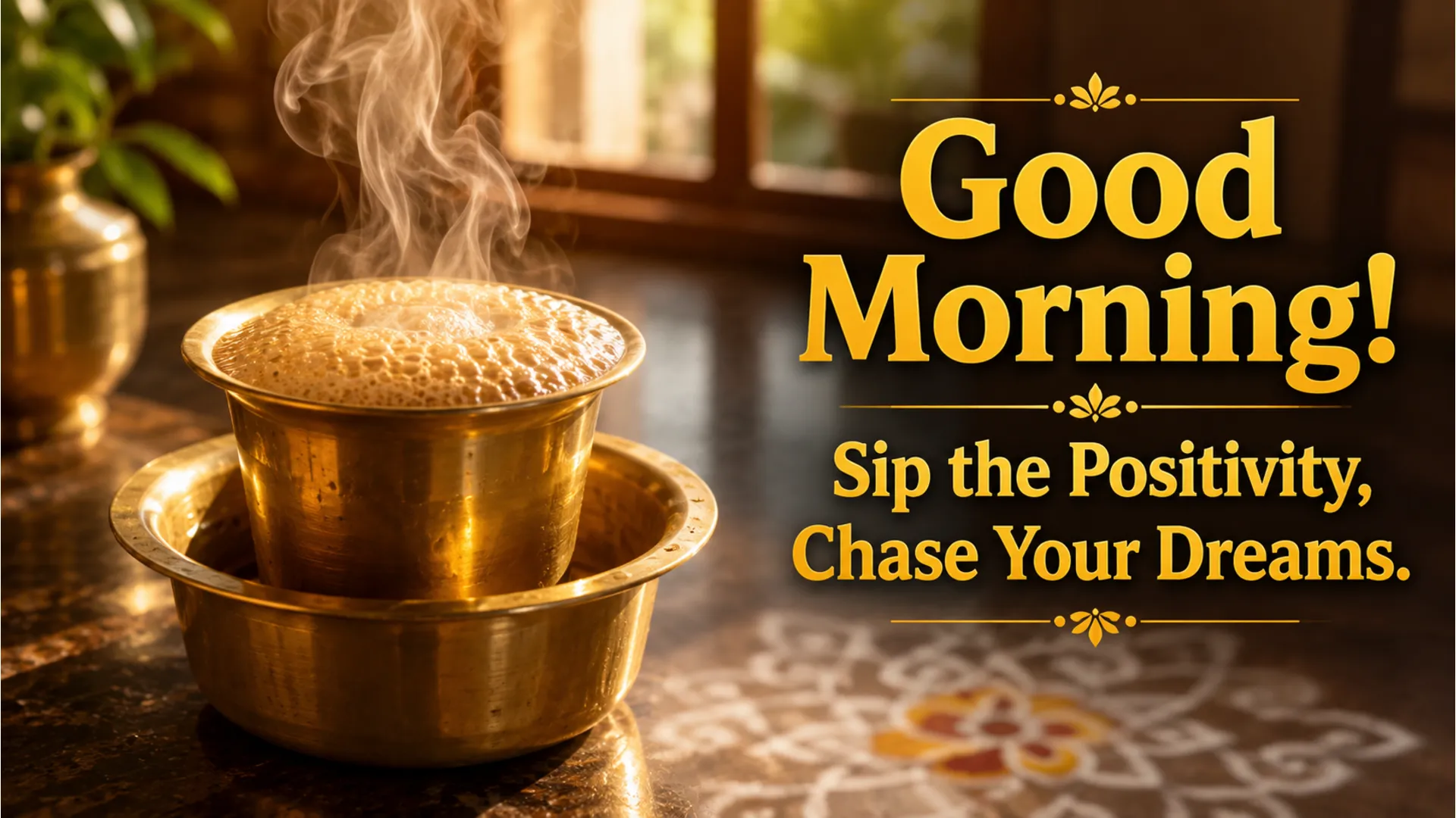 A steaming brass tumbler of traditional South Indian filter coffee with good morning text.