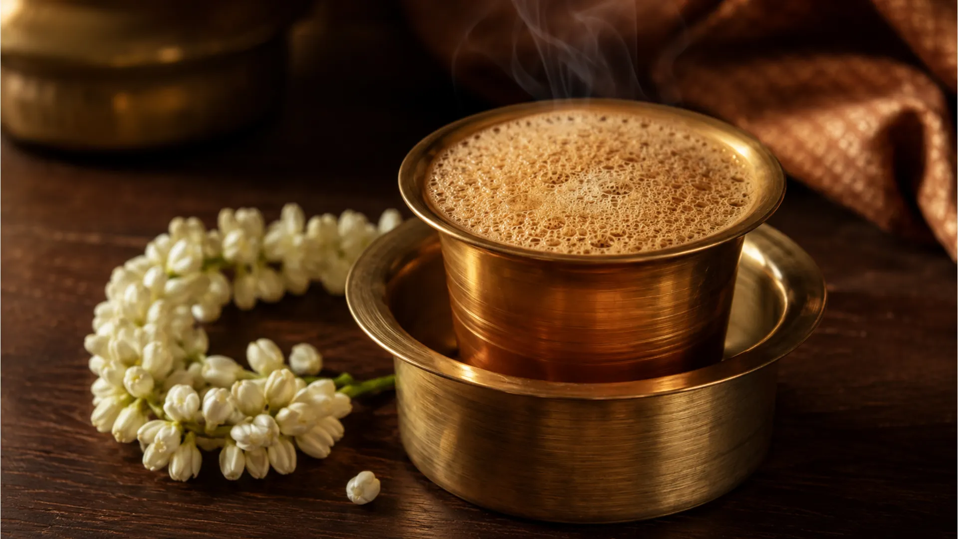 Fresh South Indian filter coffee in traditional brass davarah cup with jasmine flowers good morning