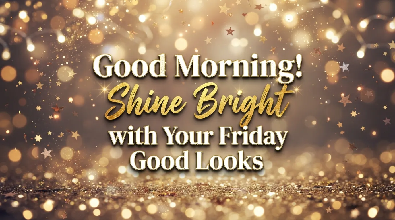 A festive, sparkling background with shiny stars and Friday morning greeting.