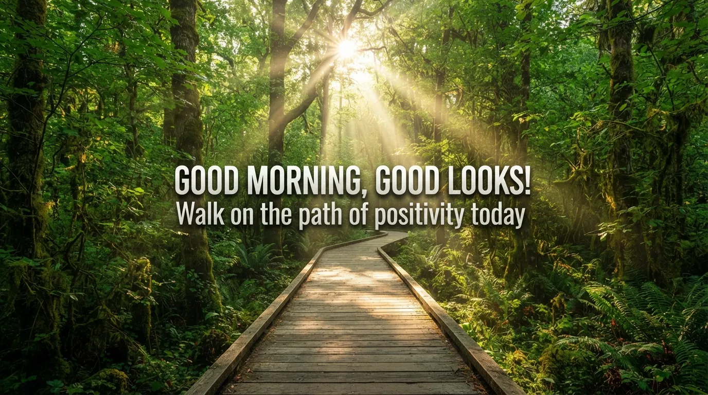 A beautiful morning scene of a wooden path leading through a sunlit green forest.