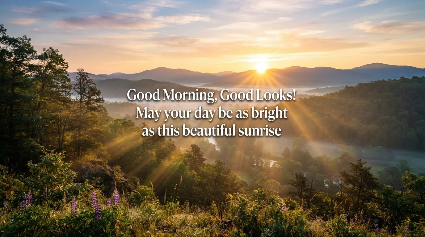 A beautiful good morning image featuring a golden sunrise over a misty valley.