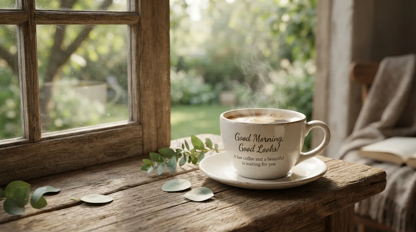 Cozy morning scene with a cup of coffee and special beautiful good morning wishes text.