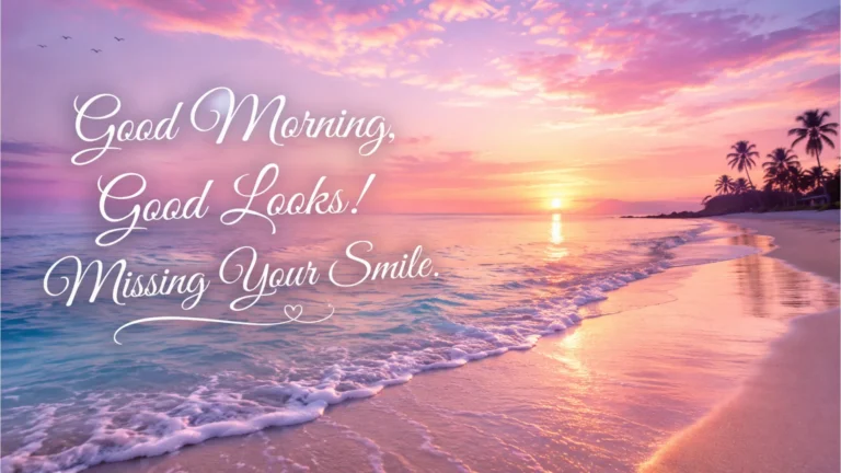 Calm beach waves during sunrise with a romantic morning message.