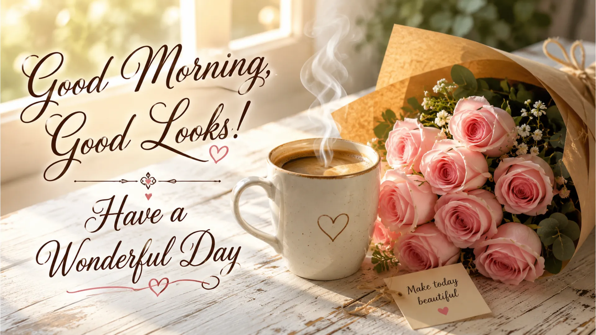 Coffee mug next to pink roses with a special good morning quote.
