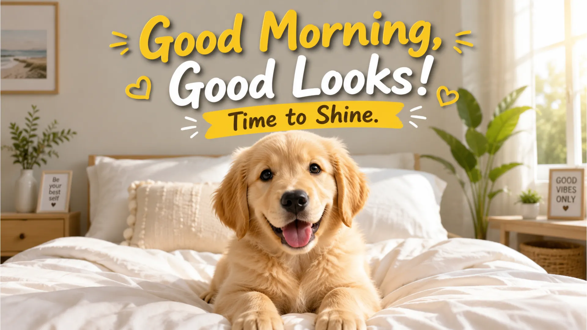 A cute golden retriever puppy waking up in a bright room with a morning wish.