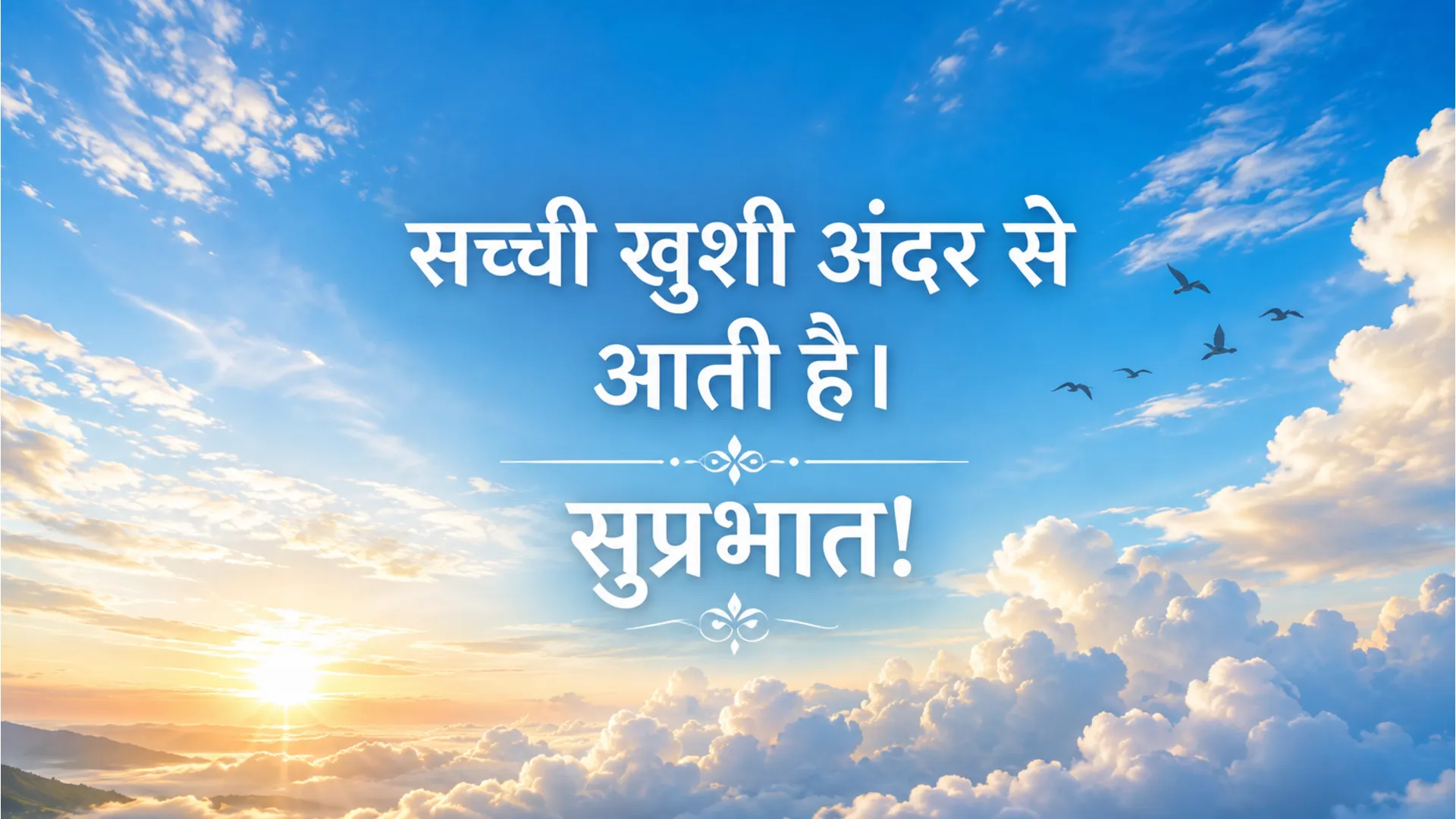 Beautiful morning sky with white clouds and a positive Hindi quote.