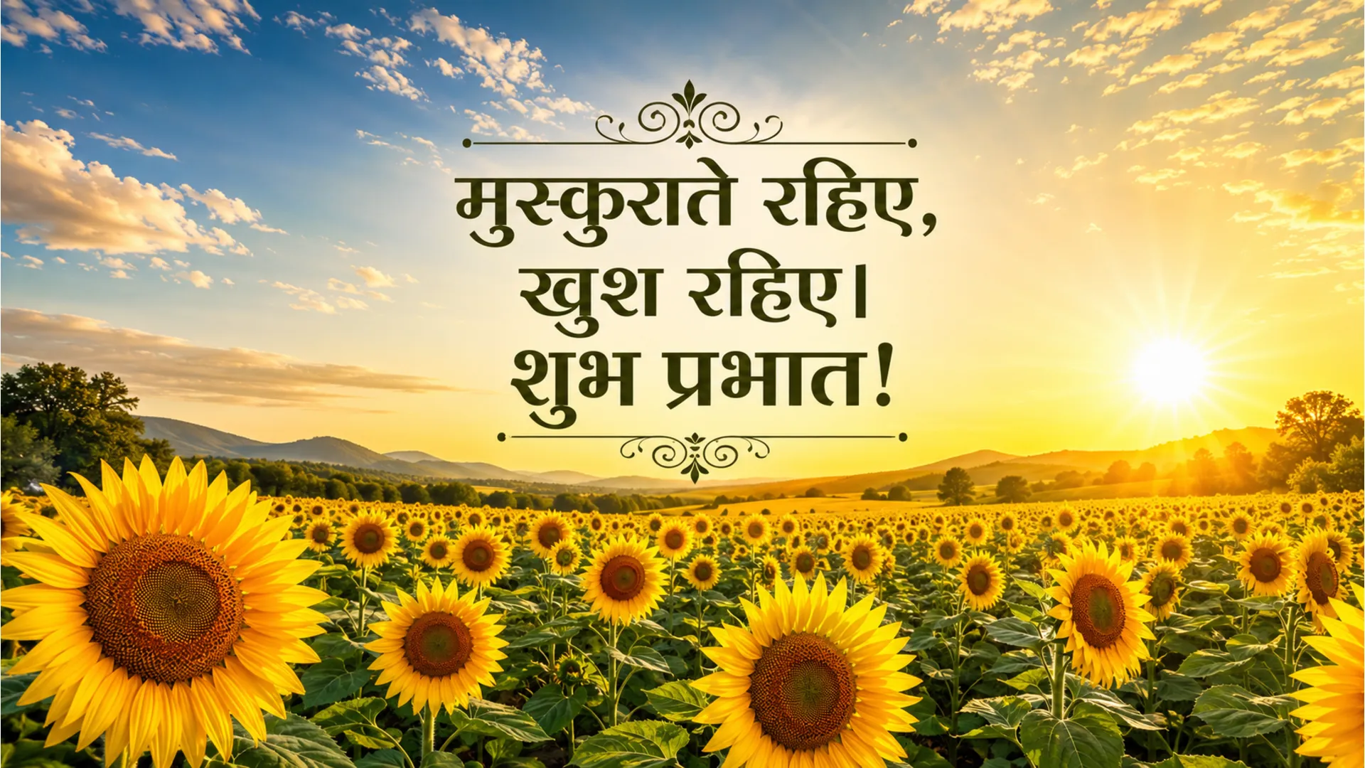 Field of yellow sunflowers under a bright sun with a Hindi morning wish.
