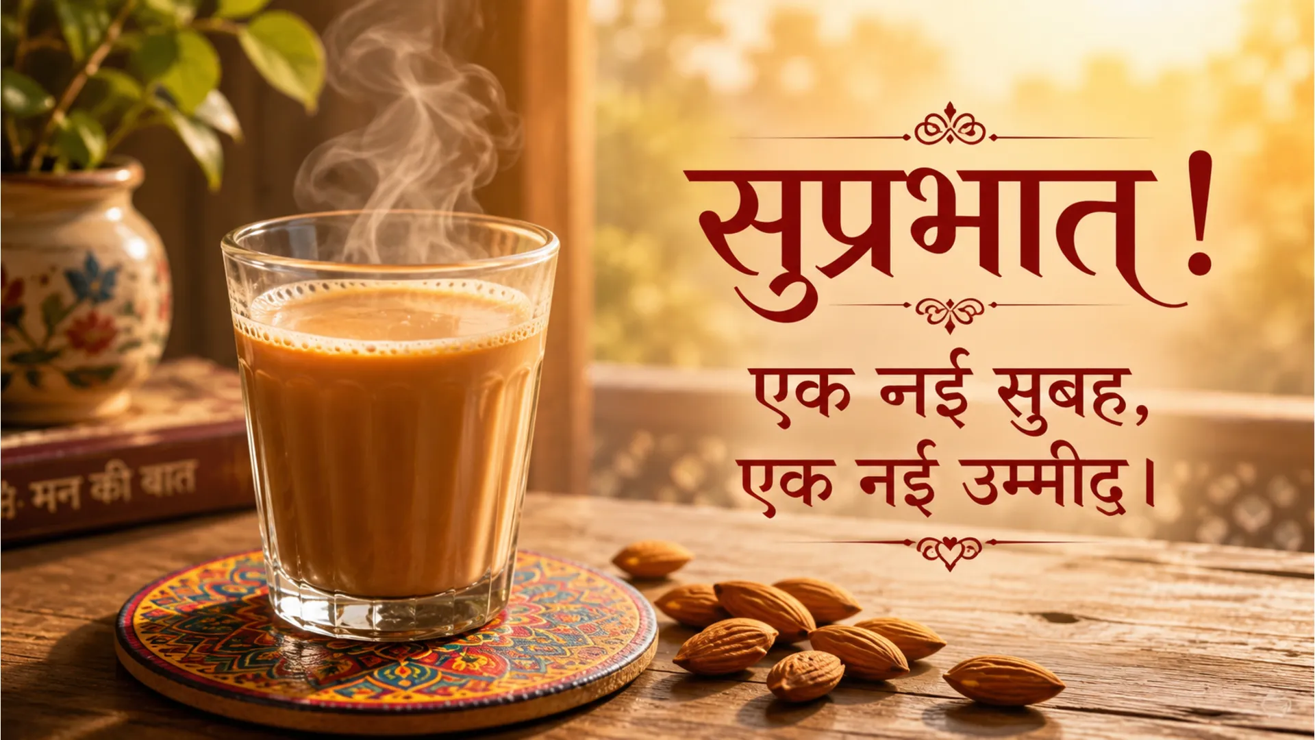Indian style cutting chai glass with an inspiring Hindi morning quote.