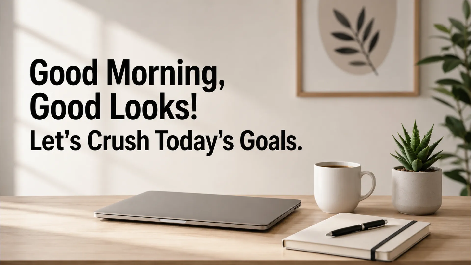 Modern office desk with a laptop and a special morning motivation text.
