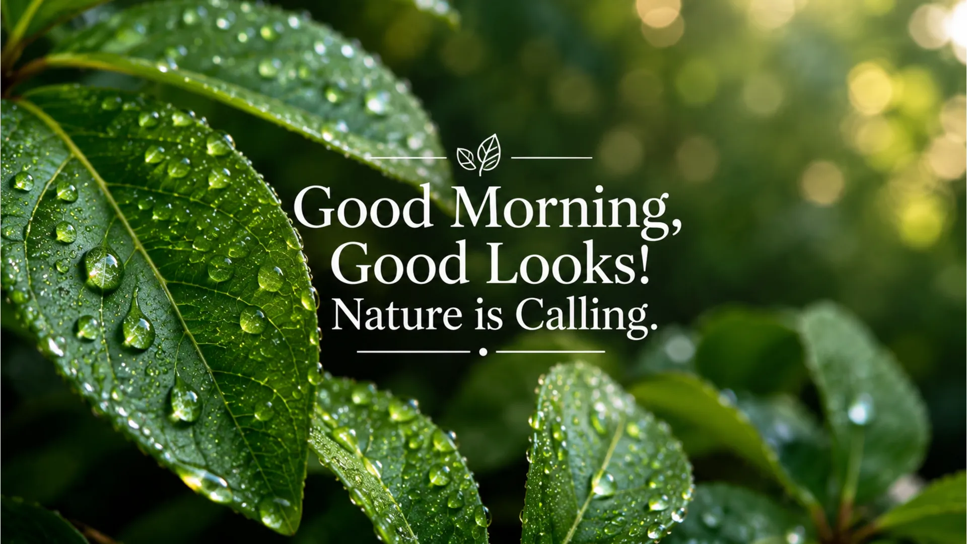 Macro shot of green leaves with morning dew drops and a special greeting.