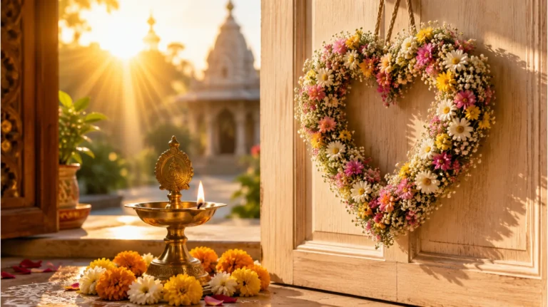 Burning brass diya with marigold flowers in morning sunlight for Hindi morning wishes