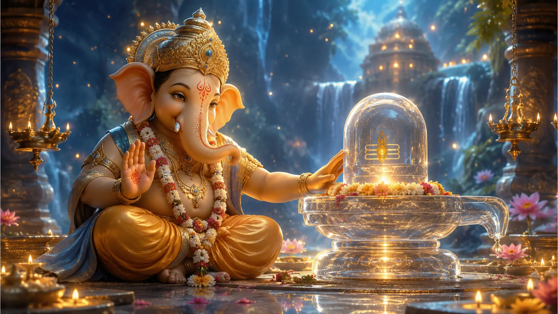 Devotional digital painting of Lord Ganesha touching a glowing crystal Shivling.