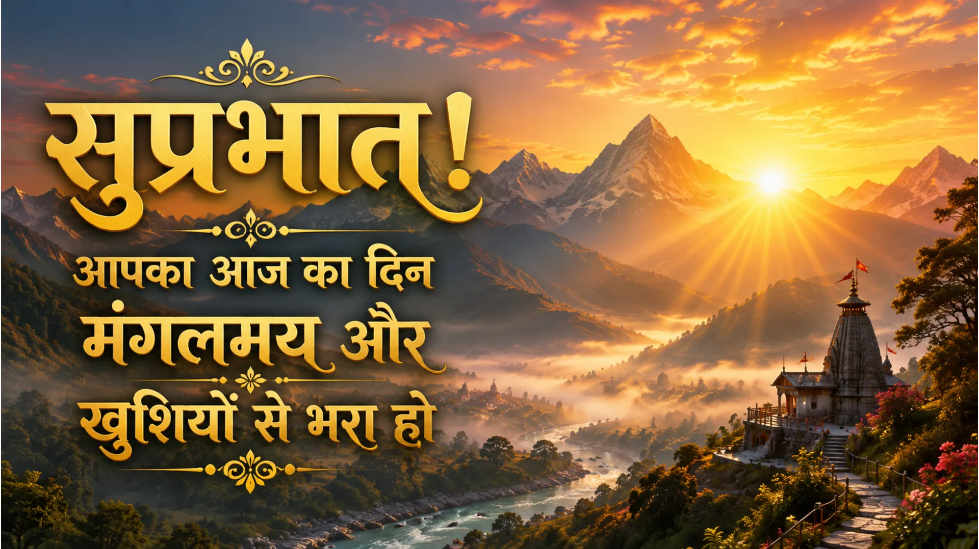 Beautiful golden sunrise over mountains with Hindi good morning quote 2022.