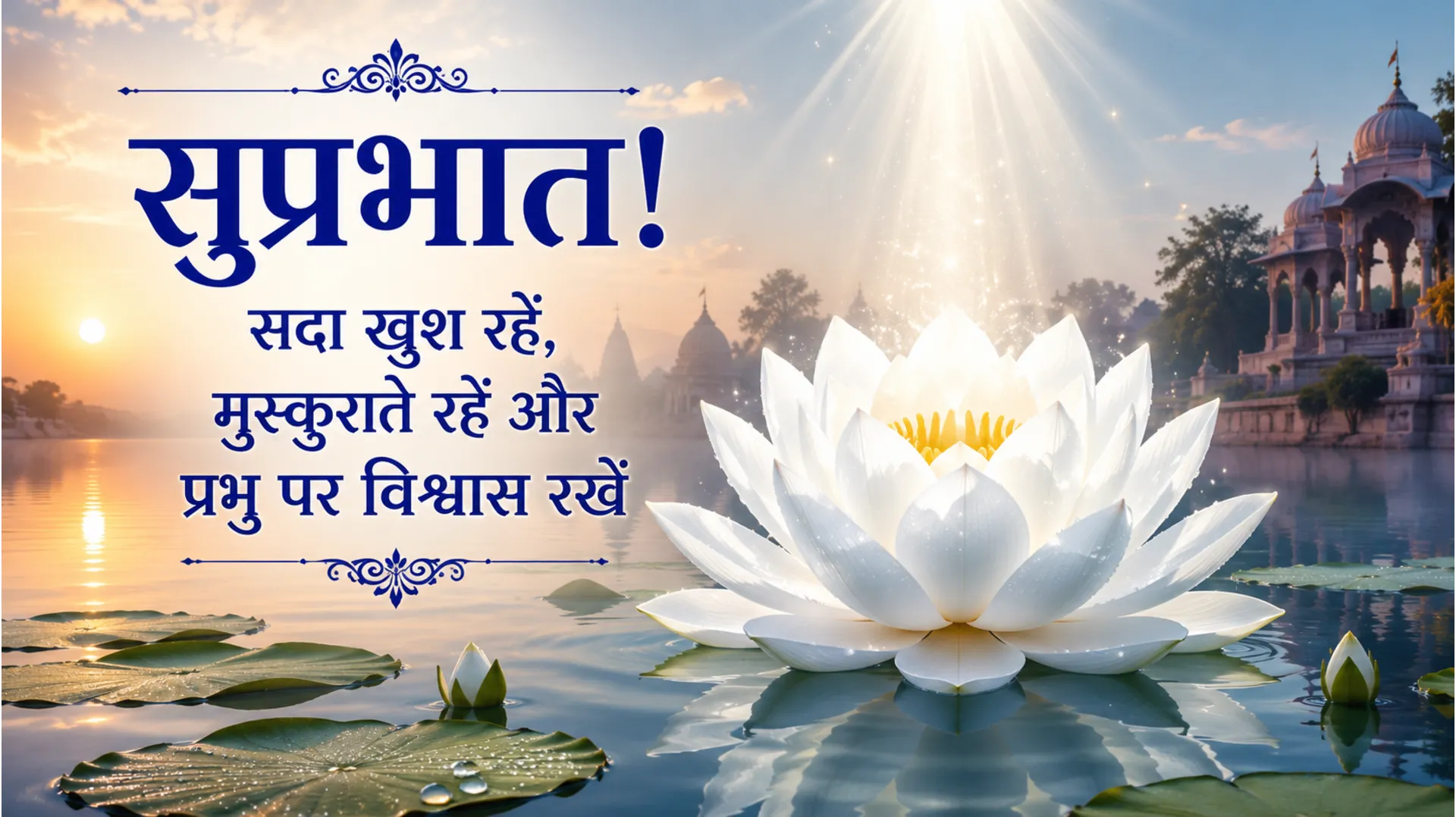 Peaceful white lotus flower in morning light Hindi good morning quotes.